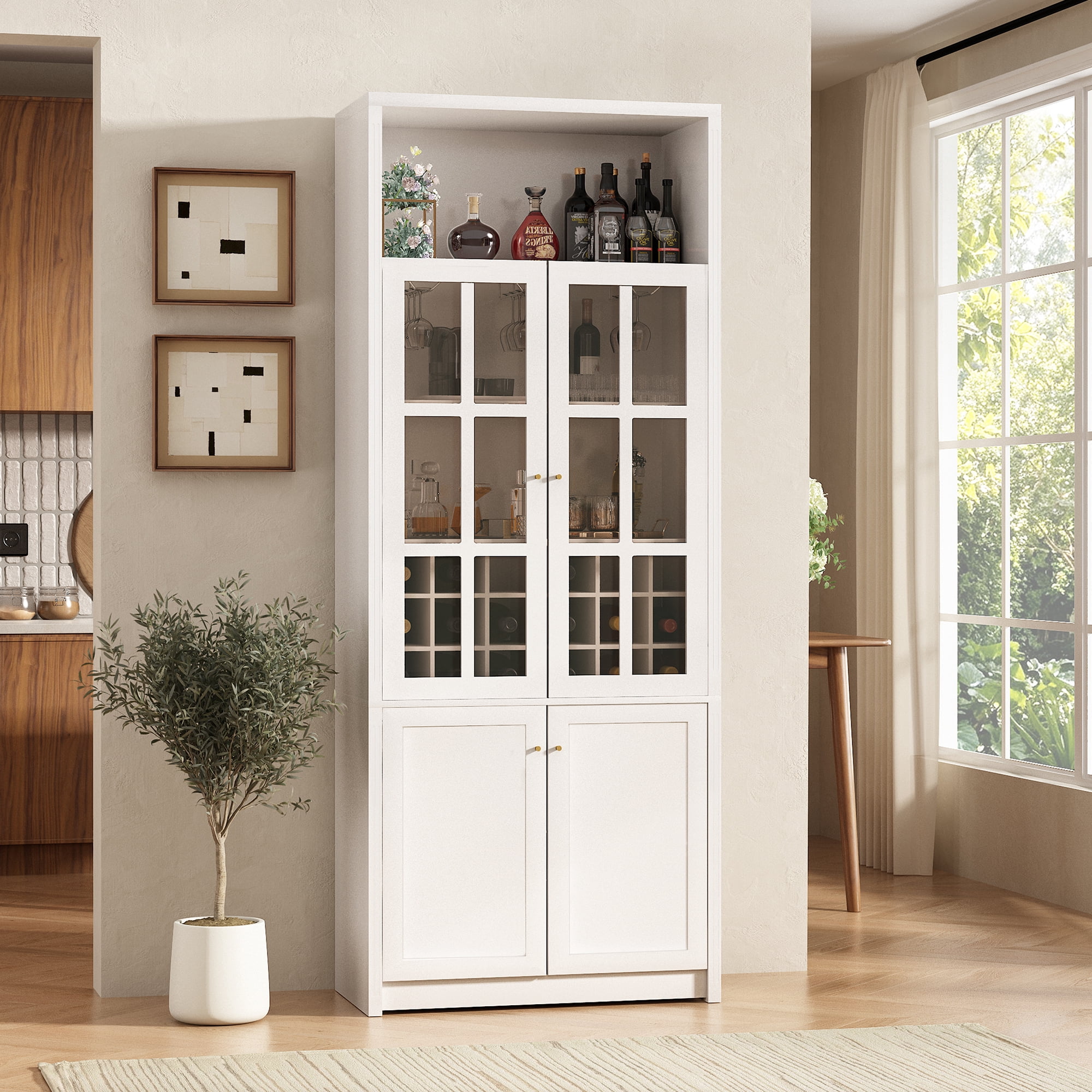 Euroco 78.7" Tall Modern Wine Bar Cabinet with Glass Doors,Coffee Bar Cabinet with 18 Wine Racks, Stemware Rack,Door Storage Shelves & Adjustable Shelves for Kitchen Dining Room,White