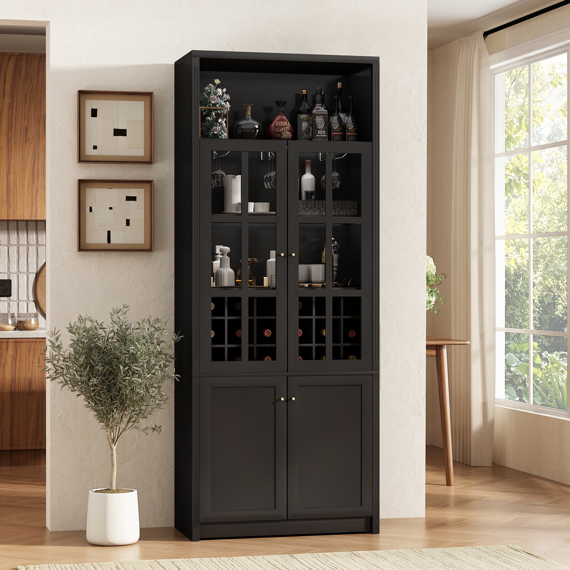 Euroco 78.7" Tall Modern Wine Bar Cabinet with Glass Doors,Coffee Bar Cabinet with 18 Wine Racks, Stemware Rack,Door Storage Shelves & Adjustable Shelves for Kitchen Dining Room,Black