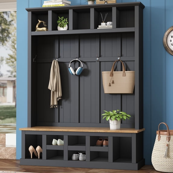 Euroco Modern Hall Tree with Wide Storage Seating, Entryway Shoe Cabinet and a coat rack Wood‑grain / Fabric bench 78''H