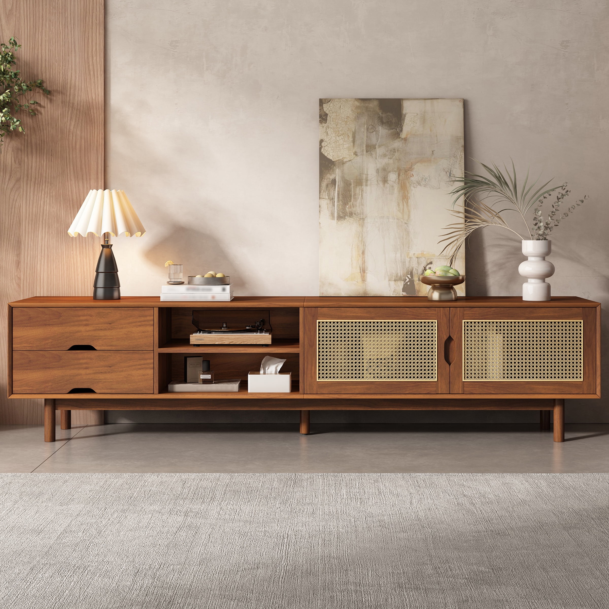 Euroco 78 Inch TV Stand for TVs up to 85 inch, Media Console with 2 Drawers, Solid Wood Legs, Rattan Front Panels, for Living Room, Modern Entertainment Center