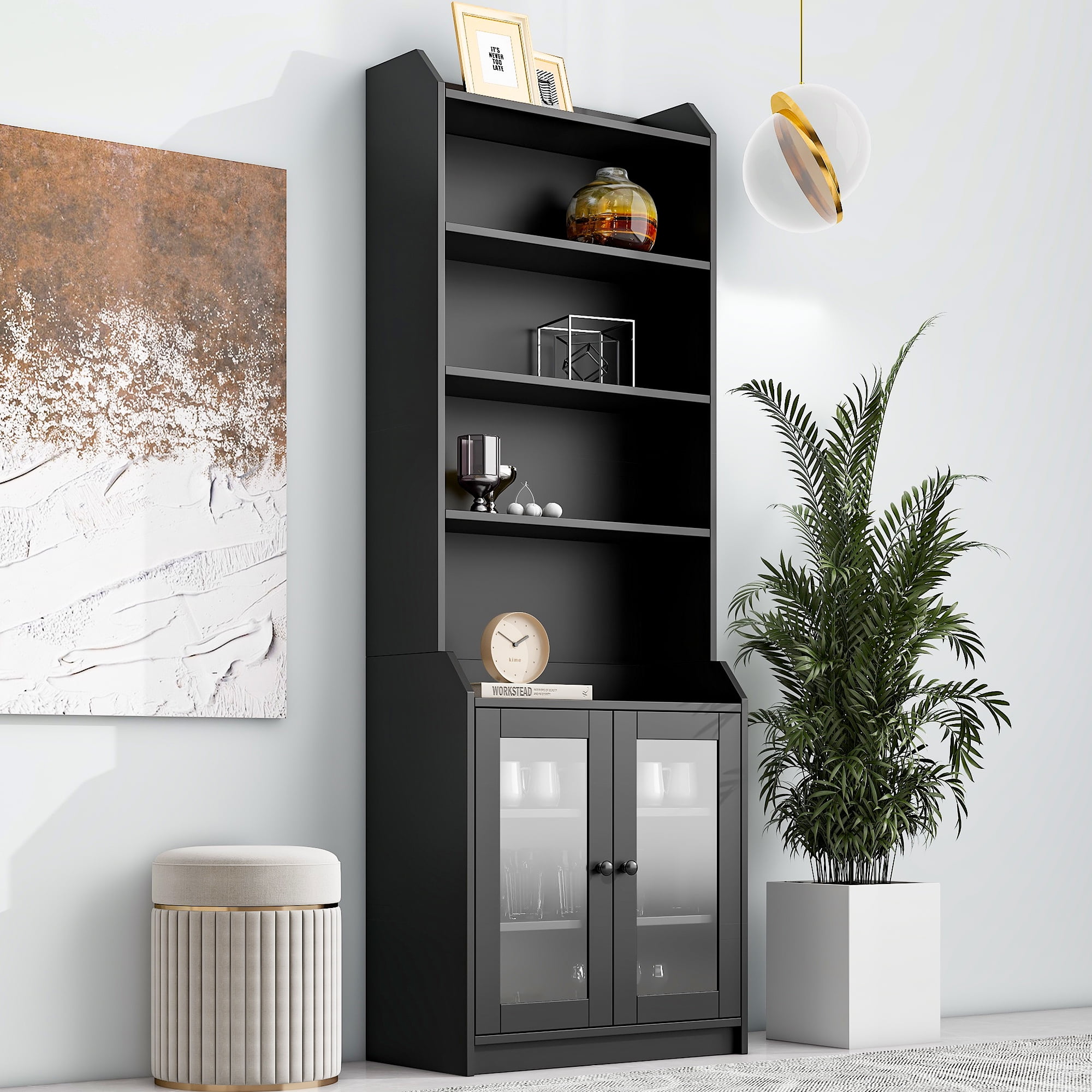 Black tall cabinet with glass doors sales