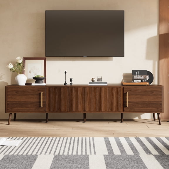 Euroco 78 inch Modern TV Stand for TVs up to 85", Entertainment Center with Fluted Door & Cable Management, Soft-Closing Hinges, Solid Wood Legs for Living Room