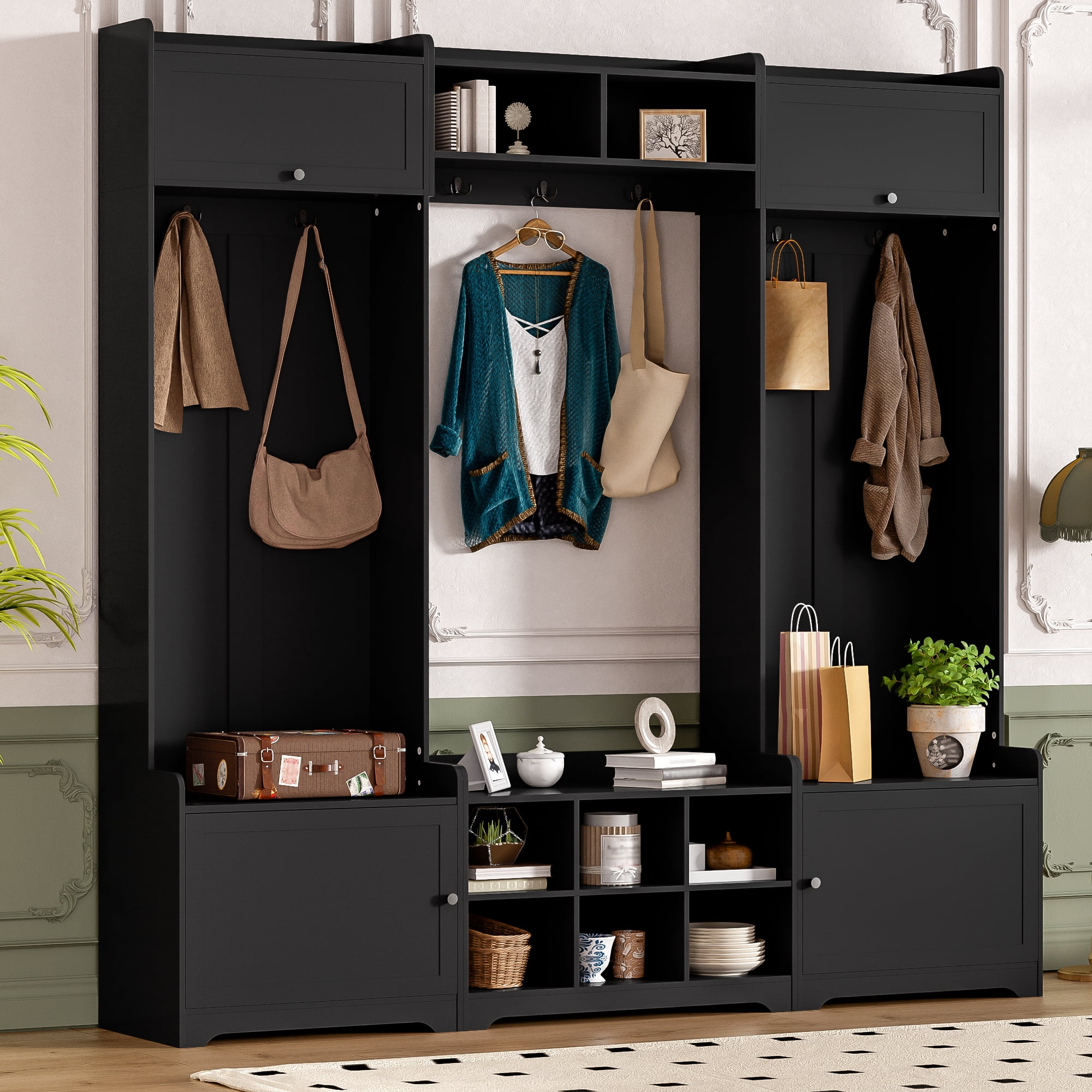 Euroco 79.1''Wide Modern Hall Tree with Shoe Storage, 4-in-1 Entryway Bench with 8 Cubbies, 7 Coat Hooks & Adjustable Shelf for Hallway, living room, Black