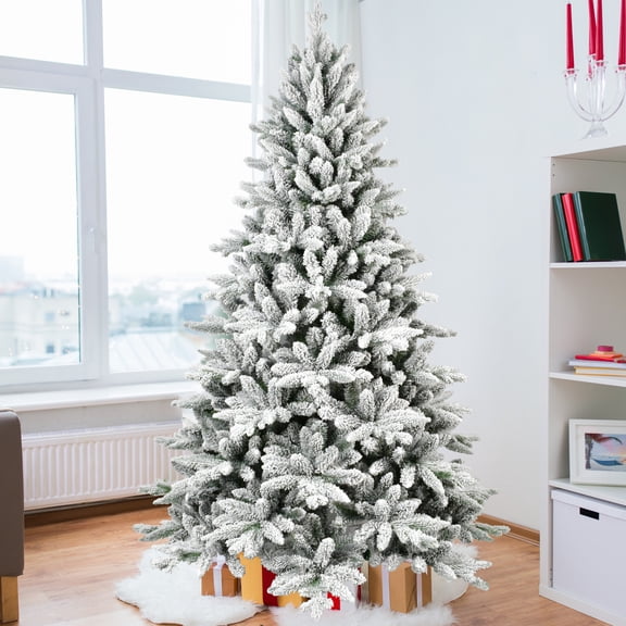 Euroco 7ft Flocked Christmas Tree with 1514 Tips, Realistic PE+PVC Snowy Hinged Tree with Metal Stand, Full Artificial Xmas Tree for Holiday Decoration