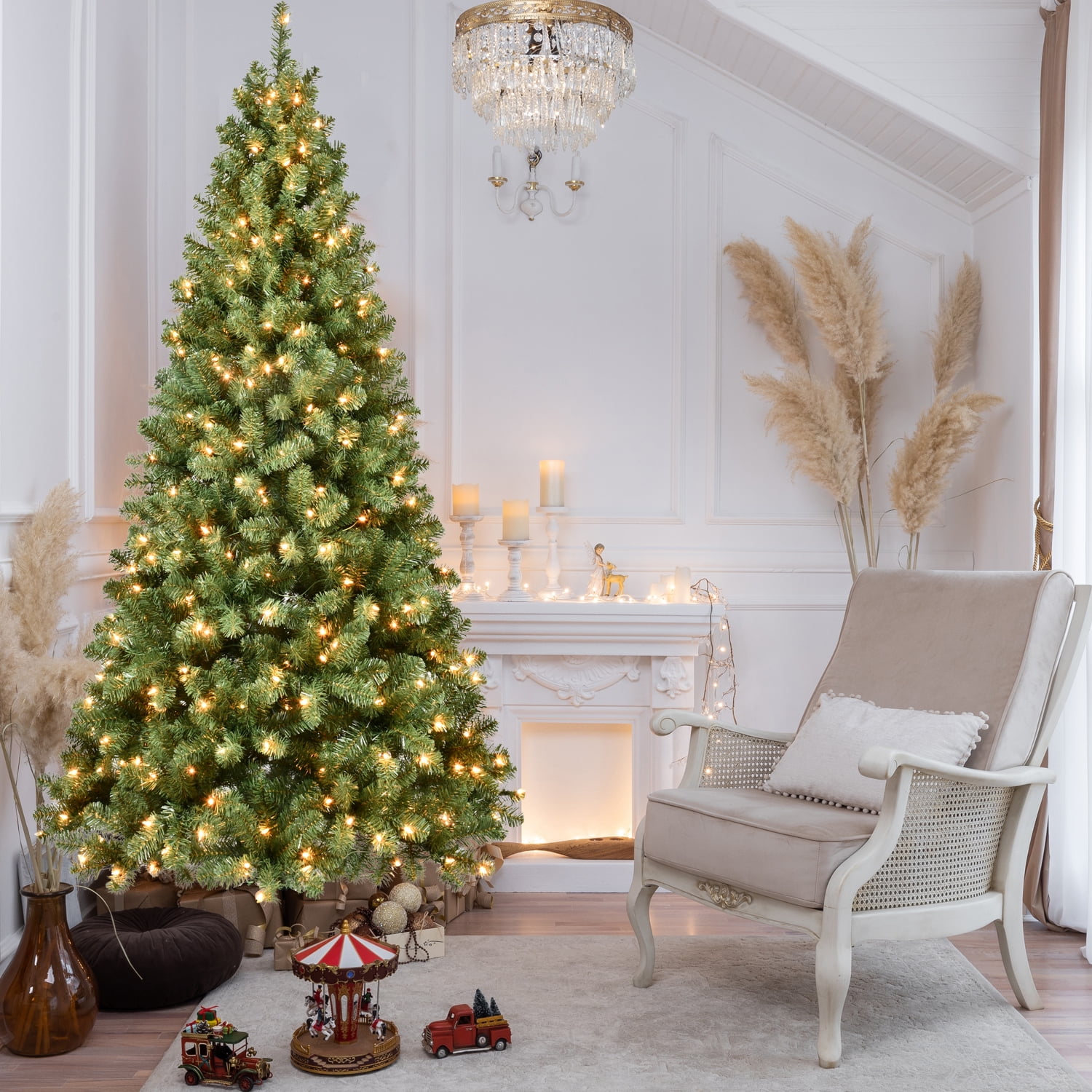 Euroco 7ft Pre-Lit PVC Christmas Tree with 400 UL Lights, 1072 Tips, Auto-Unfold Memory Wire, Easy Assembly with Stable Metal Stand – Full Artificial Holiday Tree