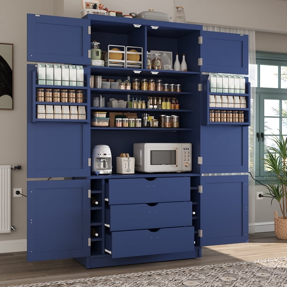 Euroco 80.1" Freestanding Kitchen Pantry Cabinet, Large Shaker Style Storage Cabinet Cupboard with Door Shelves,3 Drawers,Adjustable Shelves and 2 Power Outlets, Food Hutch for Dining Room,Blue