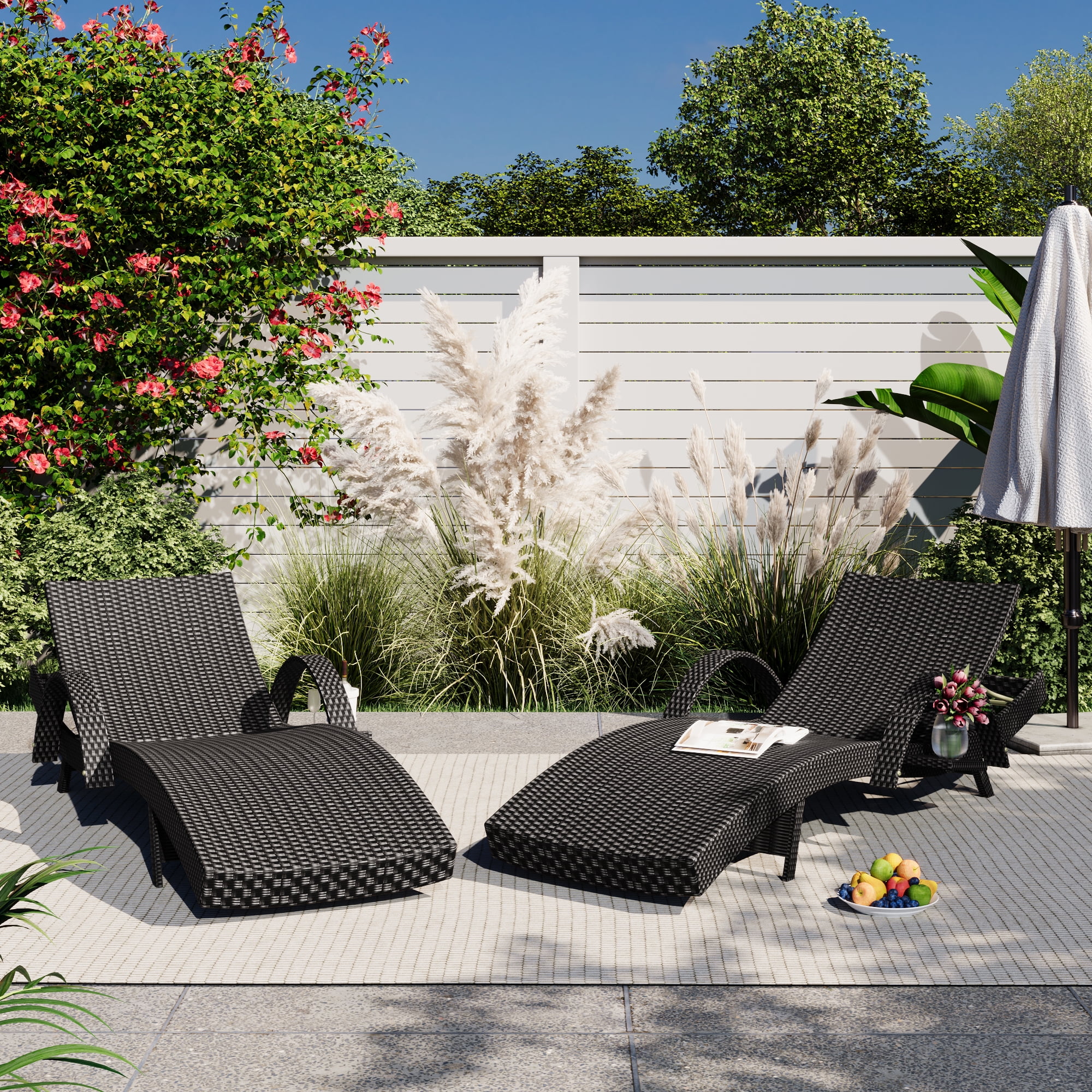 Euroco 80'' Outdoor 2pcs Wicker Chaise Lounge Chairs, Patio Rattan Reclining Chair with Pull-out Side Table, Adjustable Backrest, Ergonomic Wave Design, Sunbathing Pool Recliners