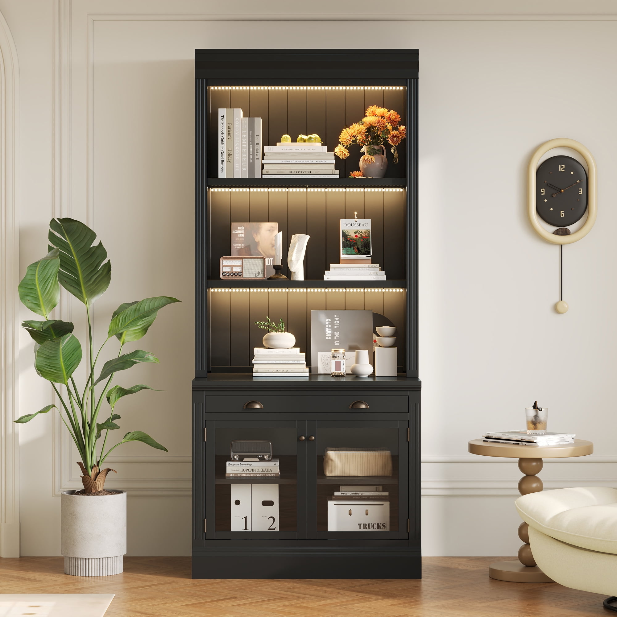 Euroco 83.4"Tall Bookshelf with 3 pieces LED Lighting, Modern Bookcase with 2 Glass Doors and 1 Drawer,Storage Bookcase with Open Shelves for Living Room,Home Office,Black