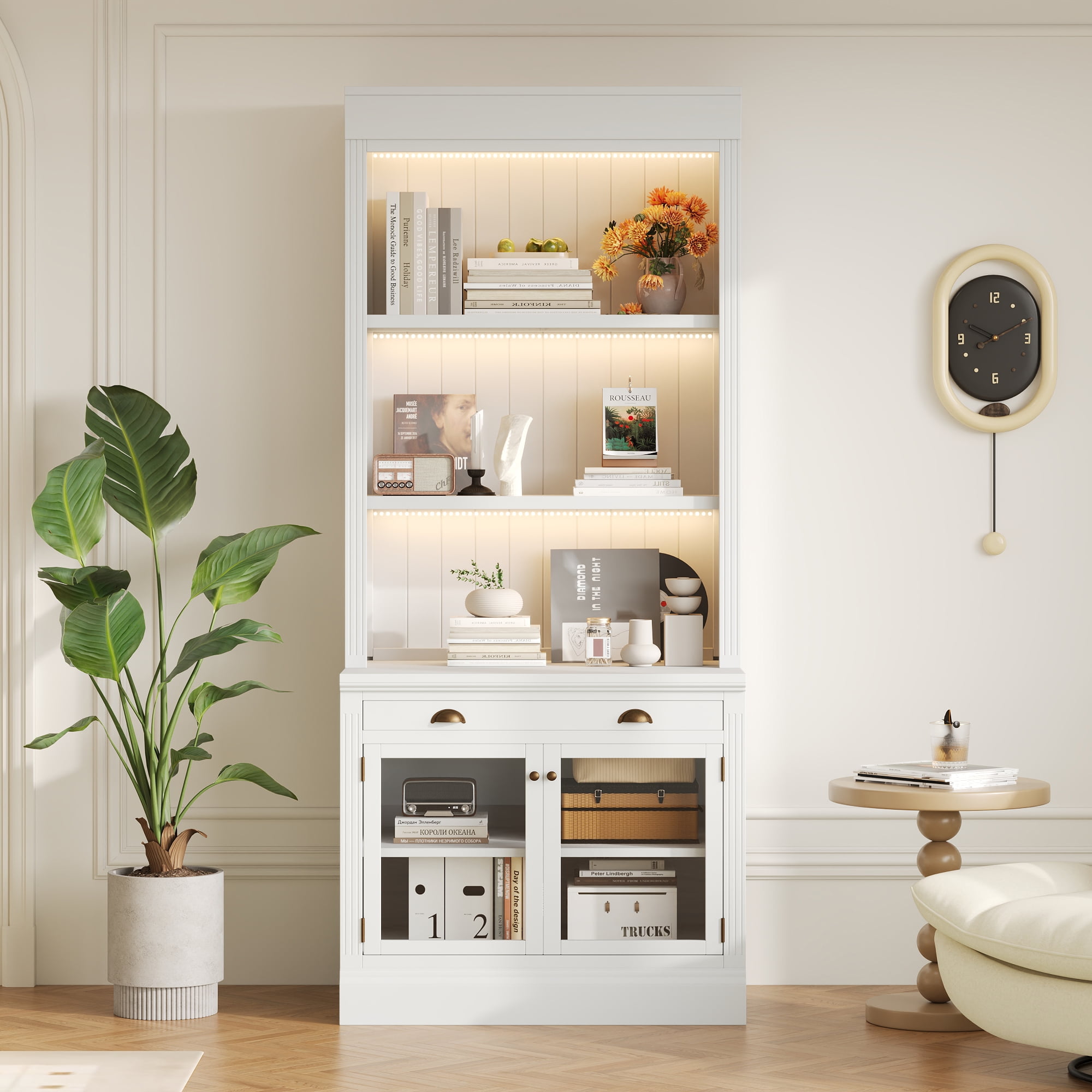 Euroco Bookshelf with LED Lighting Modern Bookcase with 2 Glass Doors and 1 Drawer Storage Bookcase, MDF, 83.4 Inch, White