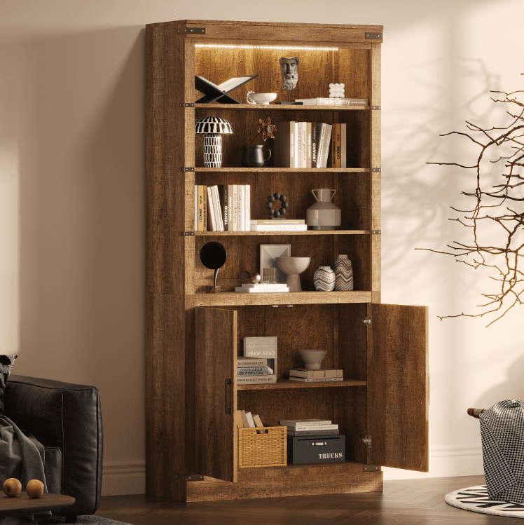 Euroco 83.4"Tall Modern Bookshelf with Doors, Farmhouse Bookcase with 3-Tier Adjustable Shelves, Display Shelves with LED Light,Large Storage Cabinet for Living Room,Home Office, Walnut