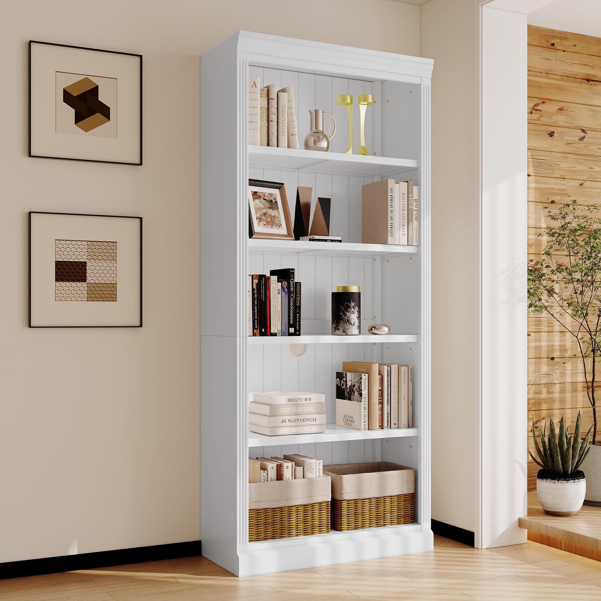 Euroco 83.4" Tall Wood Bookcase,5-Tier Home Decor Bookshelves with Adjustable Storage Shelves,Storage Organizer for CDs/Books/Movies,Free Standing Storage Shelves