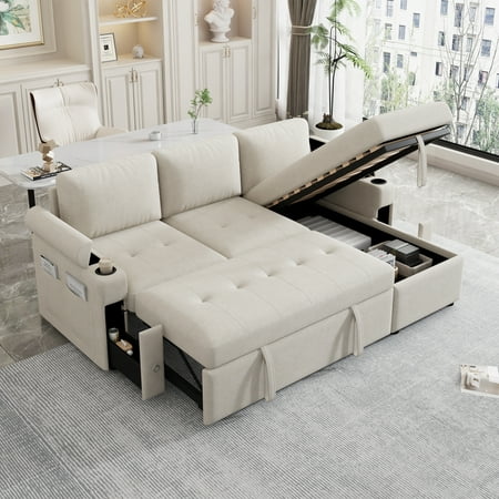 Euroco 83.5" L-shaped Sofa Couch Convertible Sofa Bed Sectional Sofa with Ample Storage Space, Two Cup Holders and Two USB Ports for Living Room, Beige