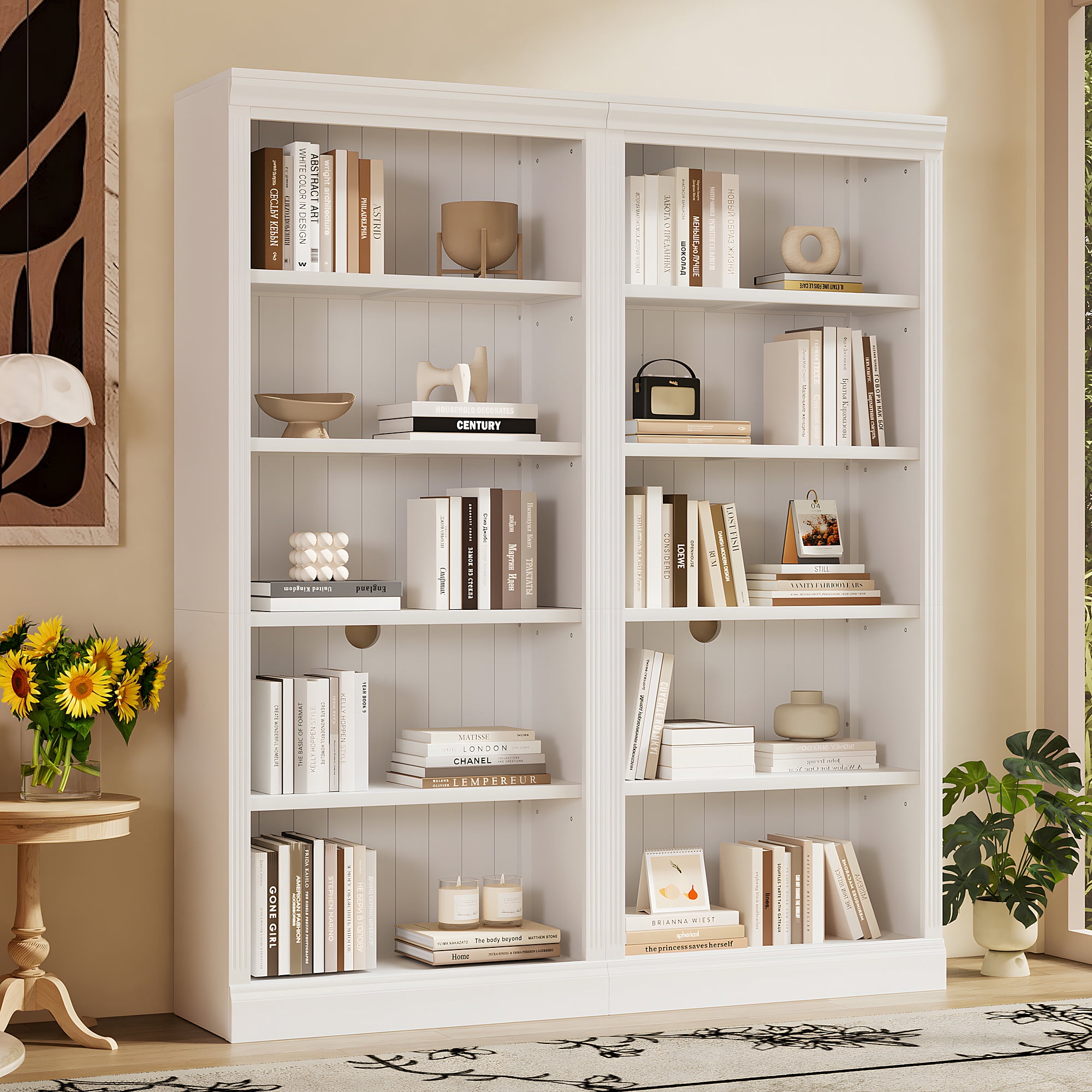 Euroco 83 inch Tall Wood Bookcase Suite with light strip, 5-Tier Decor Bookcase Suite with Adjustable Shelves, MDF Board, 83 in, White