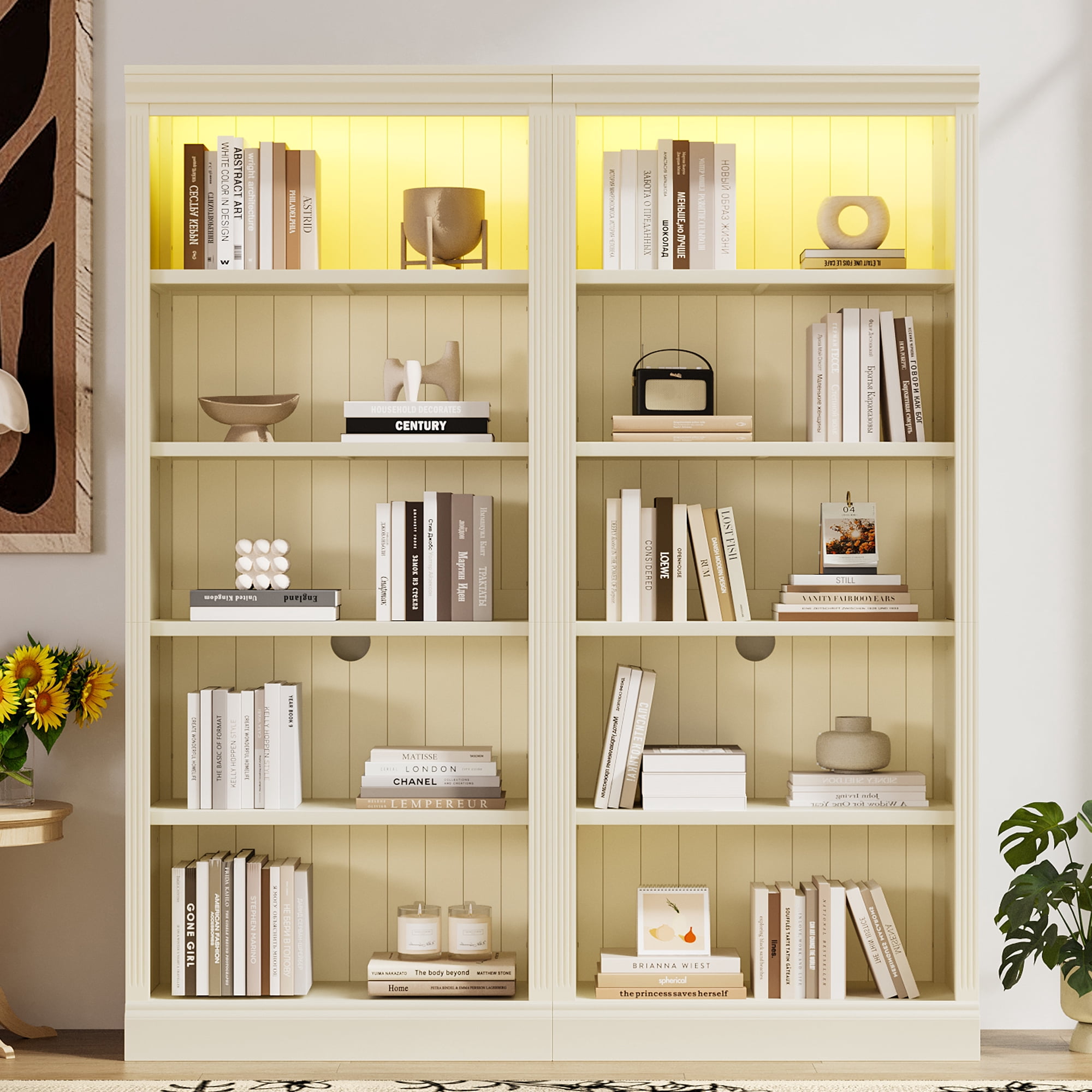 Euroco 83" Tall Wood Bookcase Suite with light strip, 5-Tier Decor Bookcase Suite with Adjustable Shelves, MDF Board