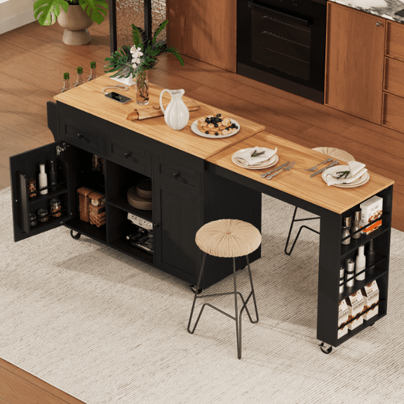 Euroco 85.5" Kitchen Island with Extendable Dining Table, Kitchen Storage Table with 3 Side Open Shelves, Rolling Kitchen Island with Power Outlet, 3 Drawers, 2 Doors
