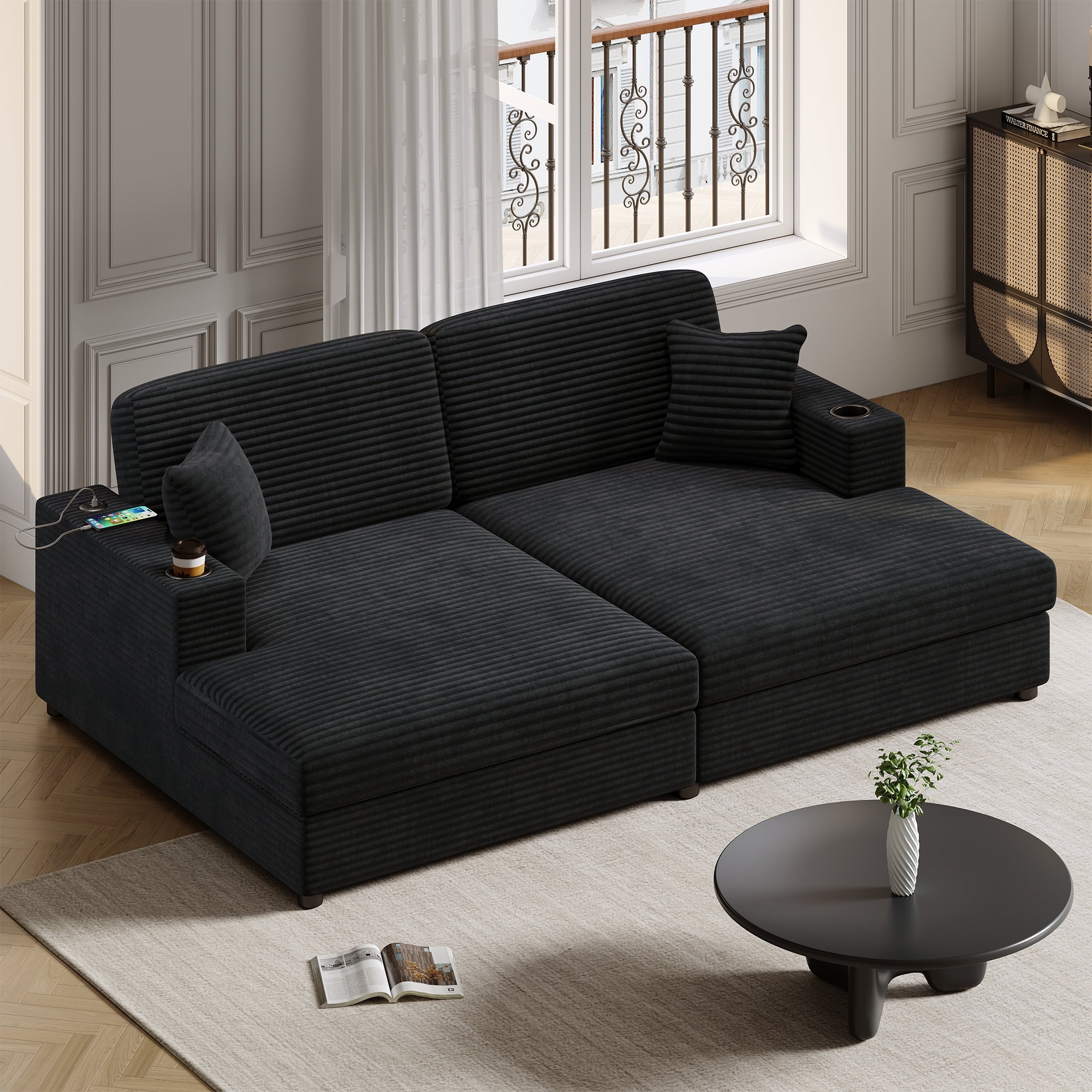 Euroco 86.5" Oversized Loveseat Chaise Lounge Sectional Sofa Bed Corduroy Sleeper Sofa with Two USB Ports , Two Cup Holders and Two Throw Pillows for Living Room and Bedroom