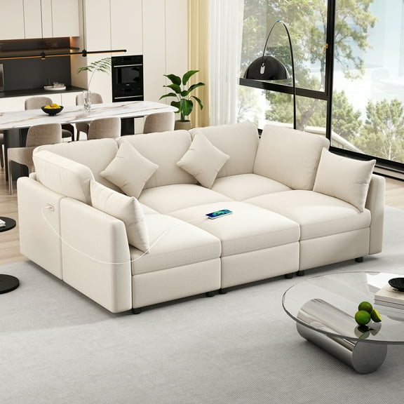 Euroco 86.6" Sectional Sofa Modular Sofa U-shaped Sofa Couch Sofa Bed L-shaped Sofa with a Movable Ottoman and Two USB Ports for Living Room, Beige