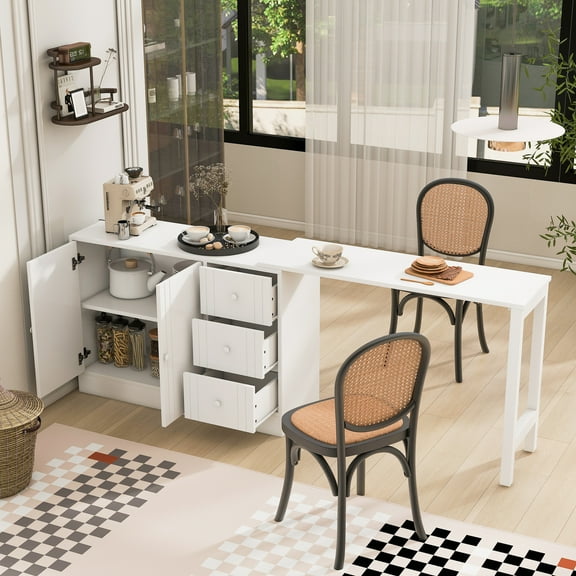 Euroco 89.7" Sideboard with Extendable Table, Multifunctional Buffet Storage Cabinet with 2 Doors and 3 Drawers Coffee Bar Station for Living Room,Study,Kitchen, White