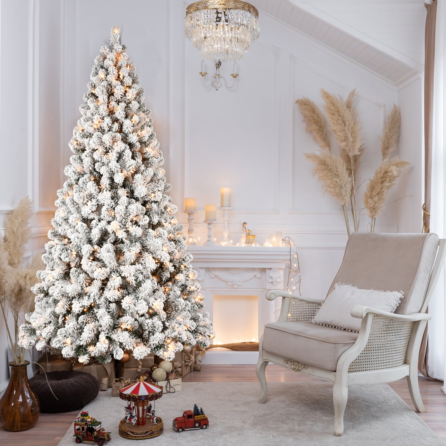Euroco 8ft Flocked Pre-Lit Christmas Tree with 500 UL Warm White Lights, 1460 PVC Tips, Auto-Unfold Memory Wire, Easy Assembly & Stable Metal Stand – Snowy Holiday Decor