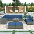 thumbnail image 1 of Euroco 9 Piece Rattan Sectional Seating Group with Cushions and Ottoman, Patio Furniture Set for 10 People, Outdoor Wicker Sectional Sofa, Blue Cushion+Gray Rattan, 1 of 10