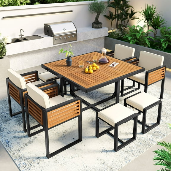 Euroco 9-Pieces Acacia Wood Patio Dining,Space Saving Set,4 Cushioned Chairs & 4 Ottomans & 1 Square Table, for Backyard, Garden, Deck and Poolside,Beige