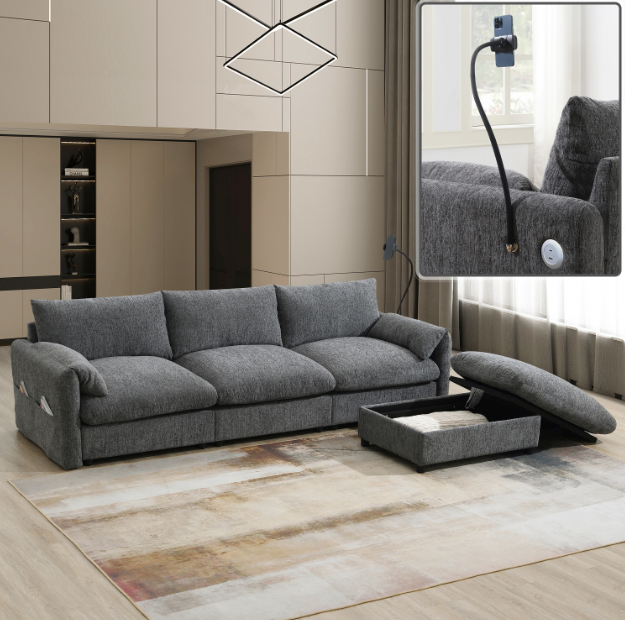 Euroco 96.5'' L-Shaped Sectional Sofa with Storage Ottoman and Pockets, Adjustable Phone Holder, USB Charger, Elephant Ear-Shaped Armrests, Comfy Seat for Living Room&Apartment