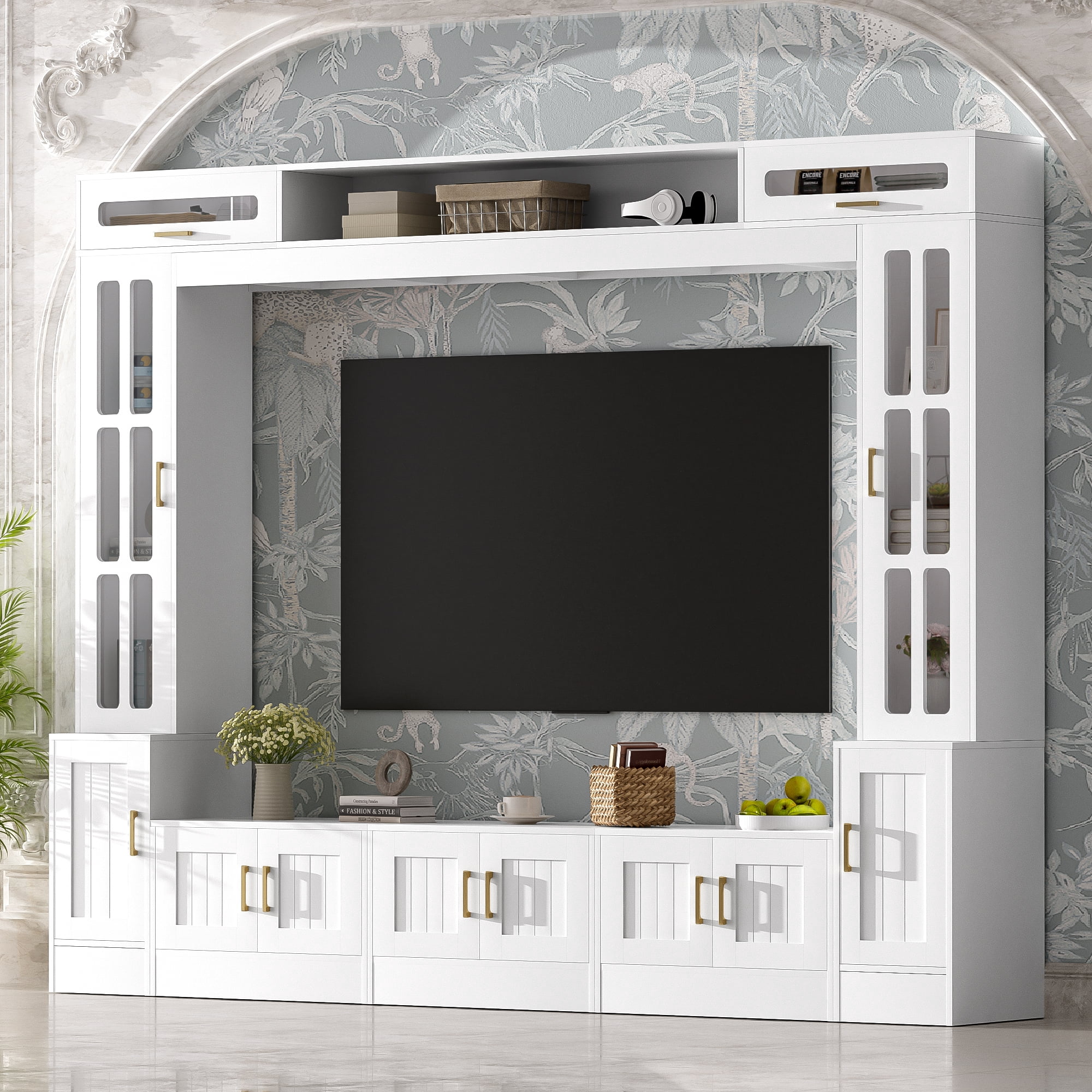 Euroco 98.4" W Wall Unit Entertainment Center with Bookshelves for TVs up to 80", Modern TV Stand Media Console with Cabinets, Tempered Glass Doors and Adjustable Shelves for Living Room