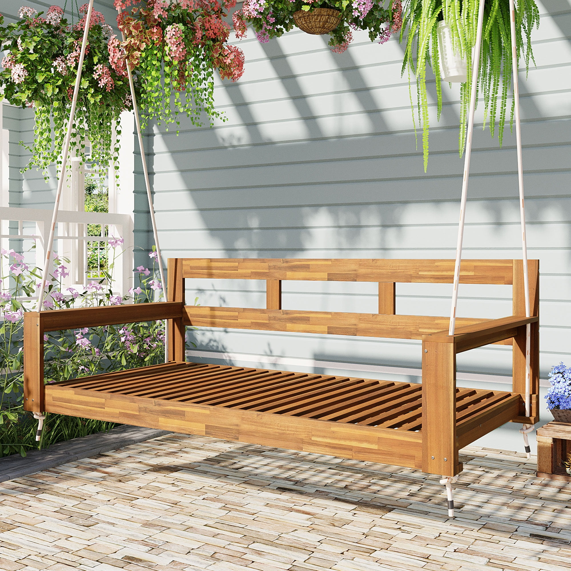 Euroco Acacia Wood Farmhouse Swing Bed with Hemp Rope Suspension, 350lbs Capacity, Twin Size, Easy Assembly, Cushions Not Included