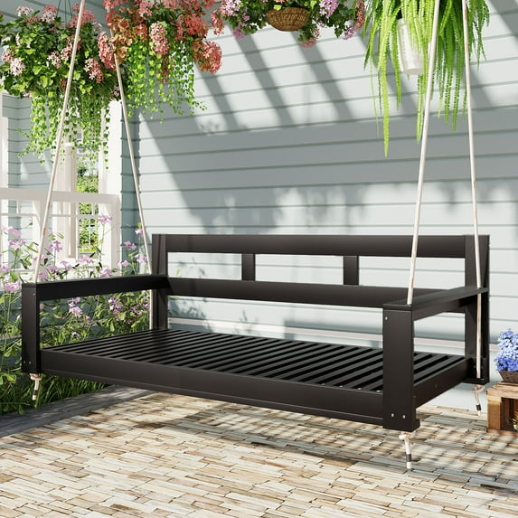 Euroco Acacia Wood Farmhouse Swing Bed with Hemp Rope Suspension, 350lbs Capacity, Twin Size, Easy Assembly, Cushions Not Included
