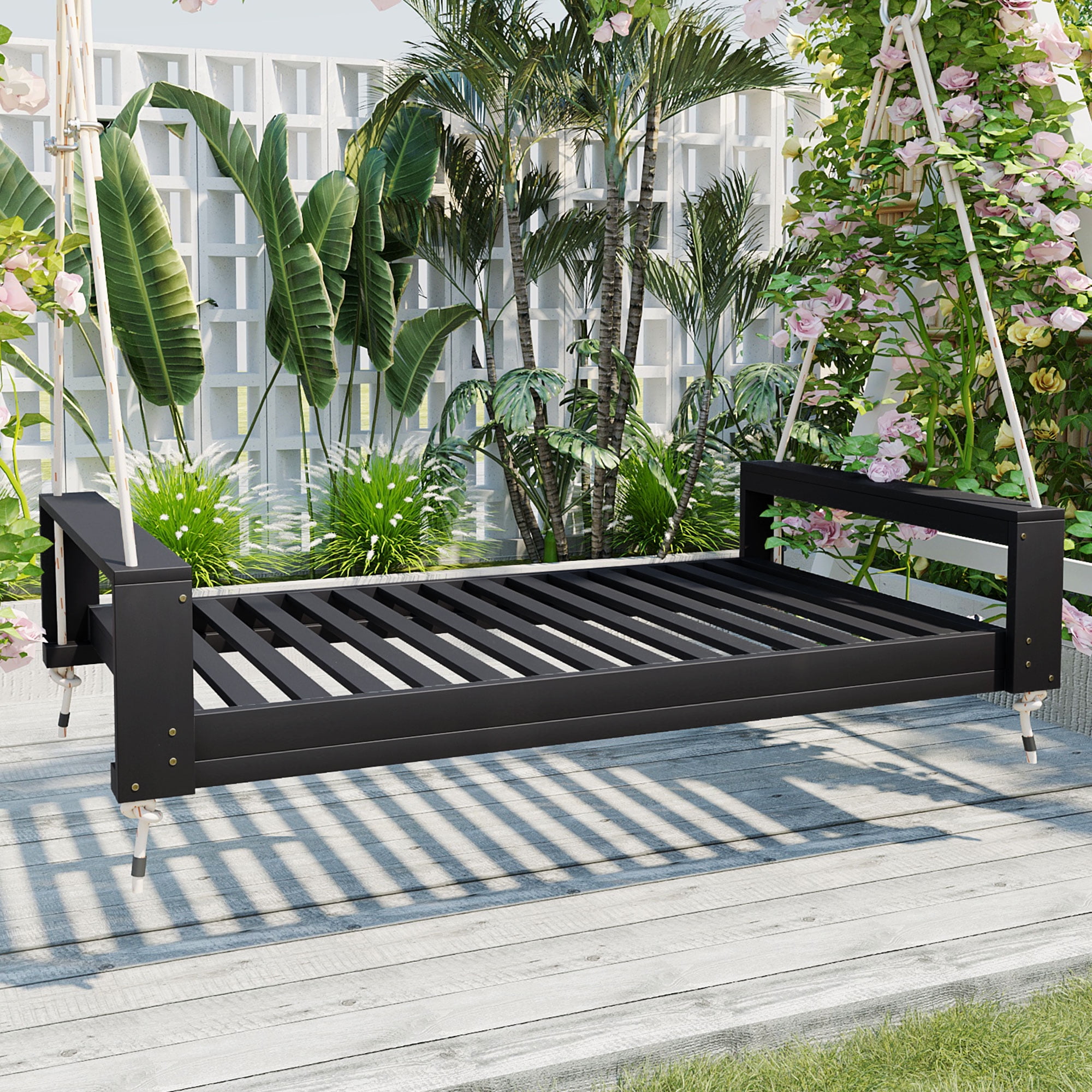 Euroco Acacia Wood Porch Swing Bed for Twin Mattress, Rustic Outdoor Hanging Daybed with 98" Hemp Ropes, Weather-Resistant Wooden Patio Swing