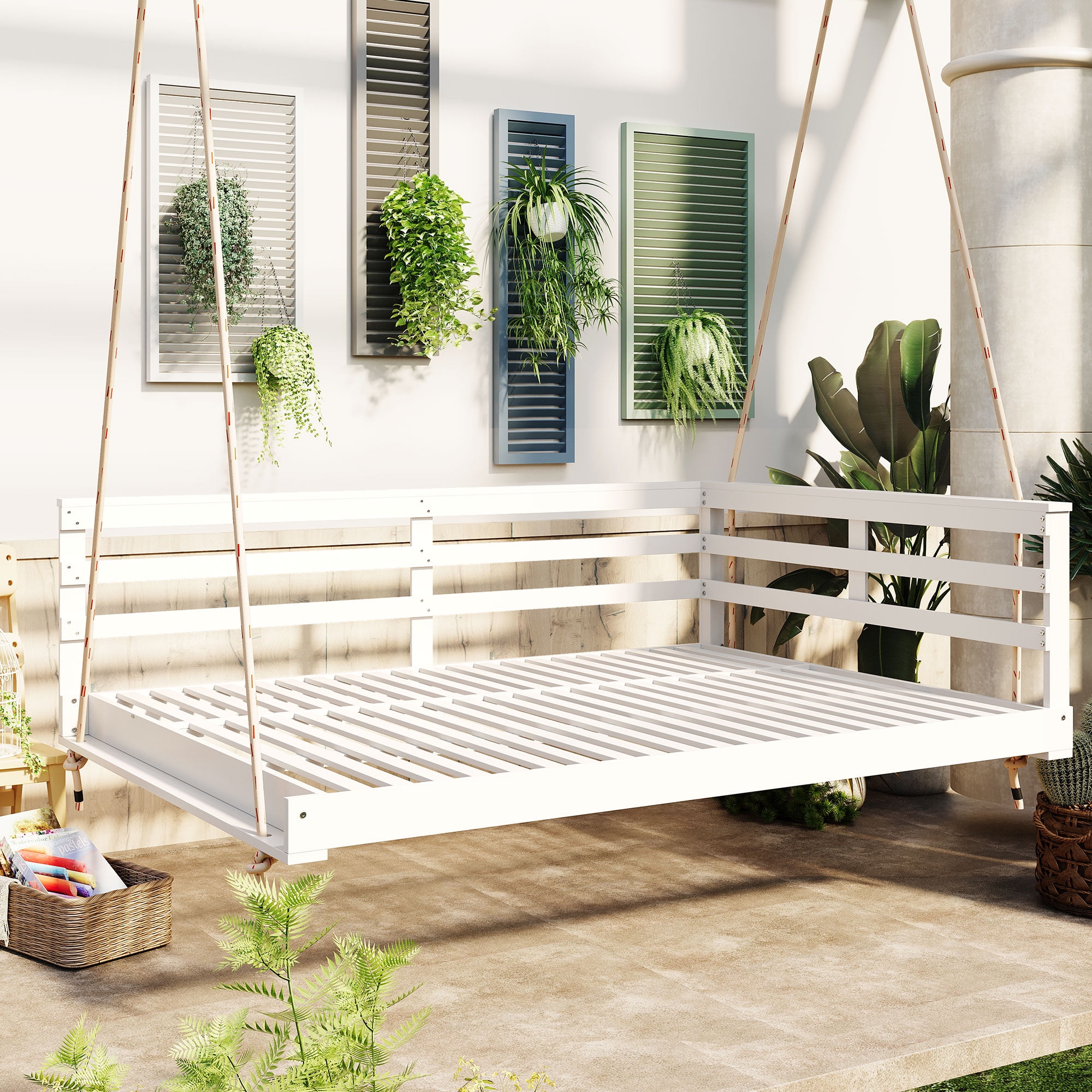 Euroco Acacia Wood Swing Bed with Hemp Rope Suspension, 350lbs Weight ...