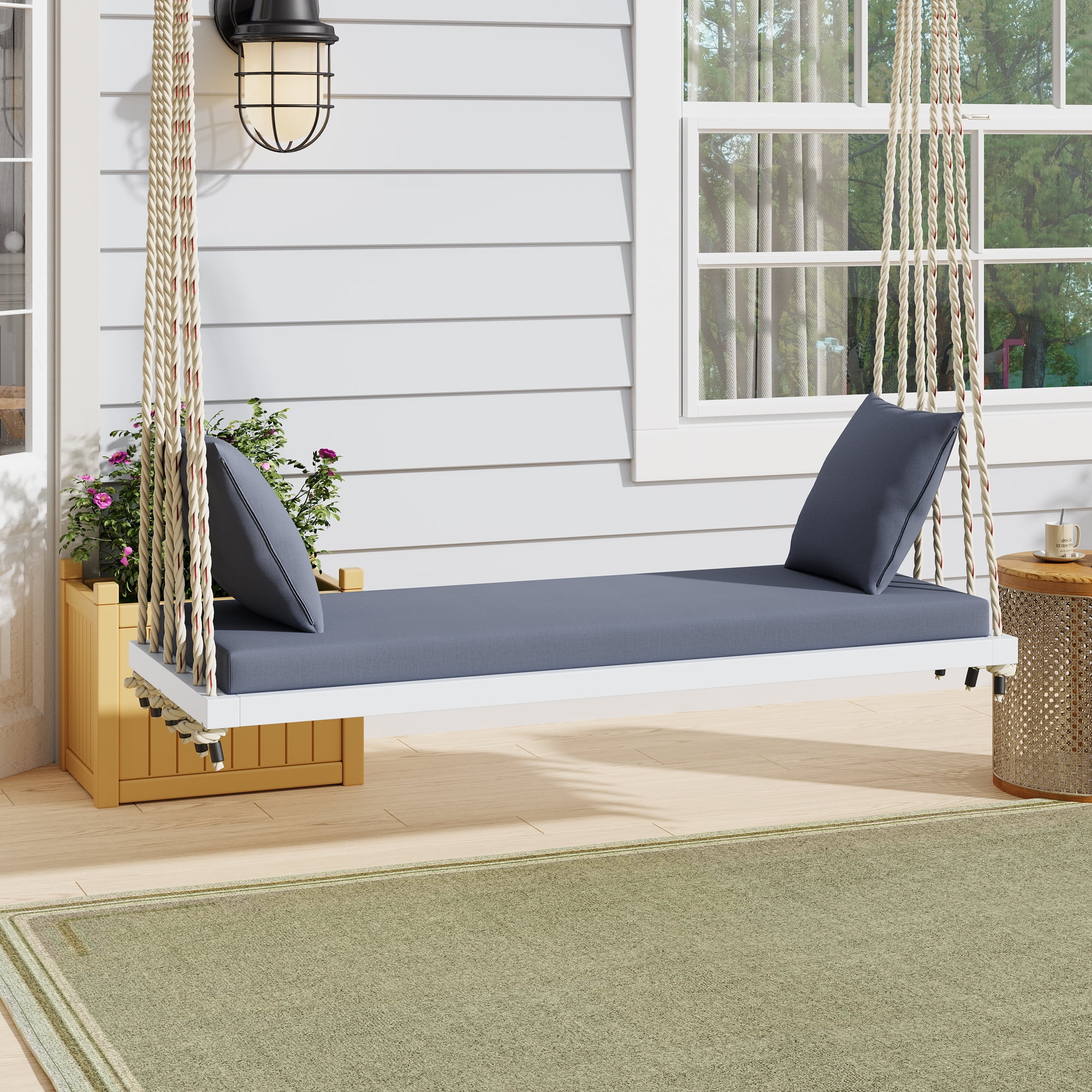 Euroco Acacia Wood Swing Chair with Hemp Rope Suspension, 400lbs Capacity, Comfortable Cushioned Seat, Easy Setup, Multiple Colors