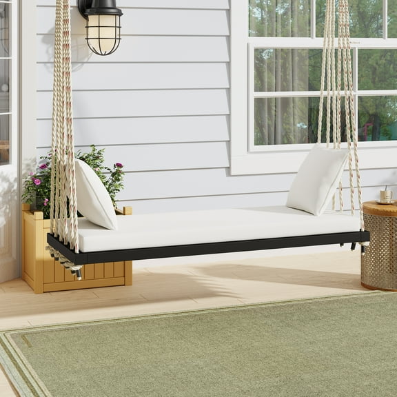 Euroco Acacia Wood Swing Chair with Hemp Rope Suspension, 400lbs Capacity, Comfortable Cushioned Seat, Easy Setup, Multiple Colors