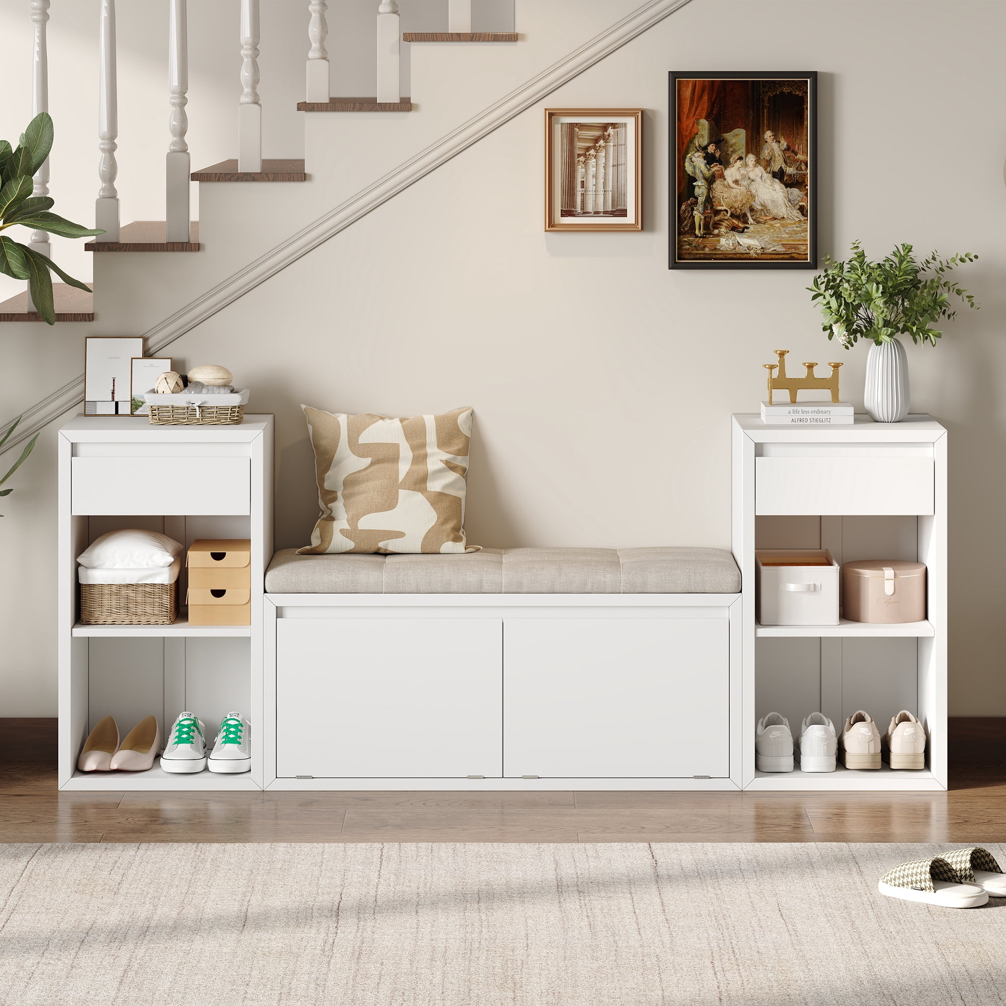 Euroco All-in-One Entryway Storage Bench with Cushion,3-Tier Shoe Bench with Open Shelves, 2 Drawers & 2 Doors, 77" Long Organizer Cabinet for Hallway,Entryway, Living Room, Bedroom,White