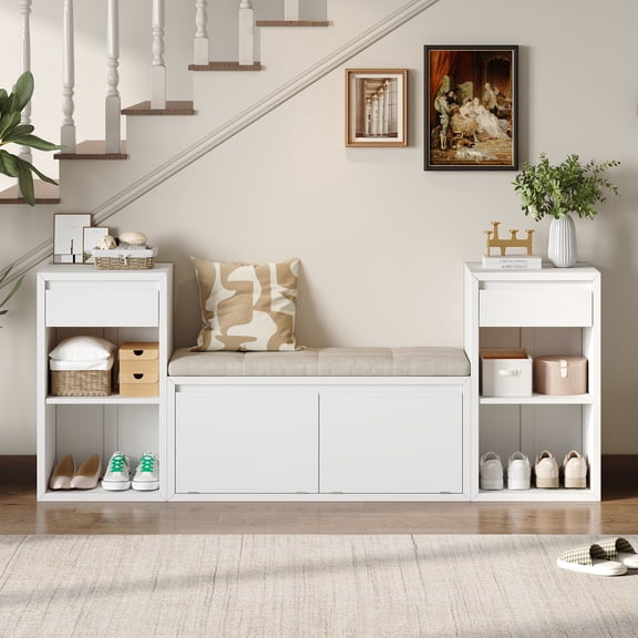 Euroco All-in-One Entryway Storage Bench with Cushion,3-Tier Shoe Bench with Open Shelves, 2 Drawers & 2 Doors, 77" Long Organizer Cabinet for Hallway,Entryway, Living Room, Bedroom,White