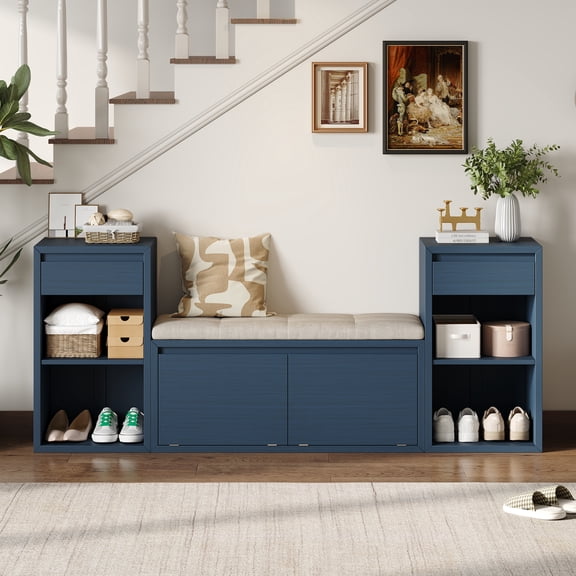 Euroco All-in-One Entryway Storage Bench with Cushion,3-Tier Shoe Bench with Open Shelves, 2 Drawers & 2 Doors, 77" Long Organizer Cabinet for Hallway,Entryway, Living Room, Bedroom,Antique Navy