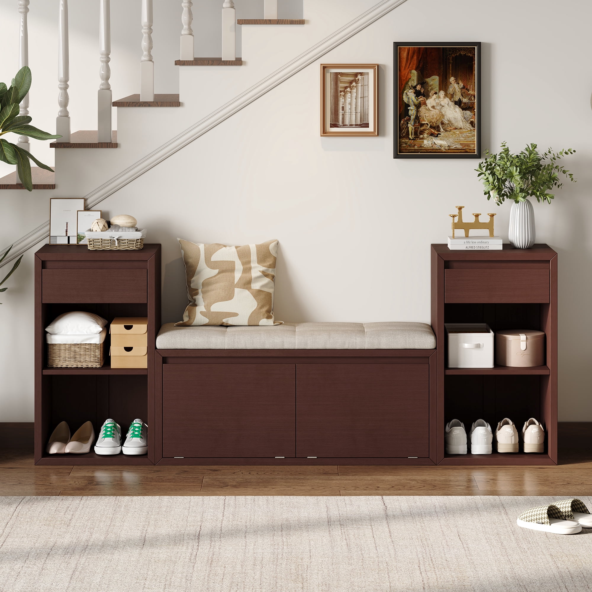 Euroco All-in-One Entryway Storage Bench with Cushion,3-Tier Shoe Bench with Open Shelves, 2 Drawers & 2 Doors, 77" Long Organizer Cabinet for Hallway,Entryway, Living Room, Bedroom,Espresso