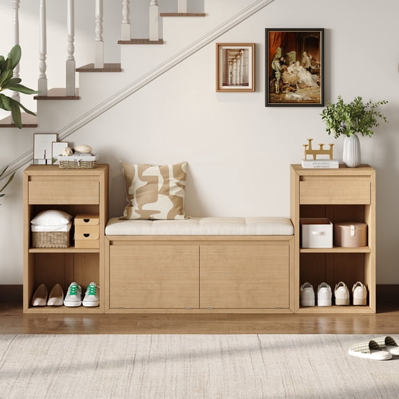 Euroco All-in-One Entryway Storage Bench with Cushion,3-Tier Shoe Bench with Open Shelves, 2 Drawers & 2 Doors, 77" Long Organizer Cabinet for Hallway,Entryway, Living Room, Bedroom,Brown