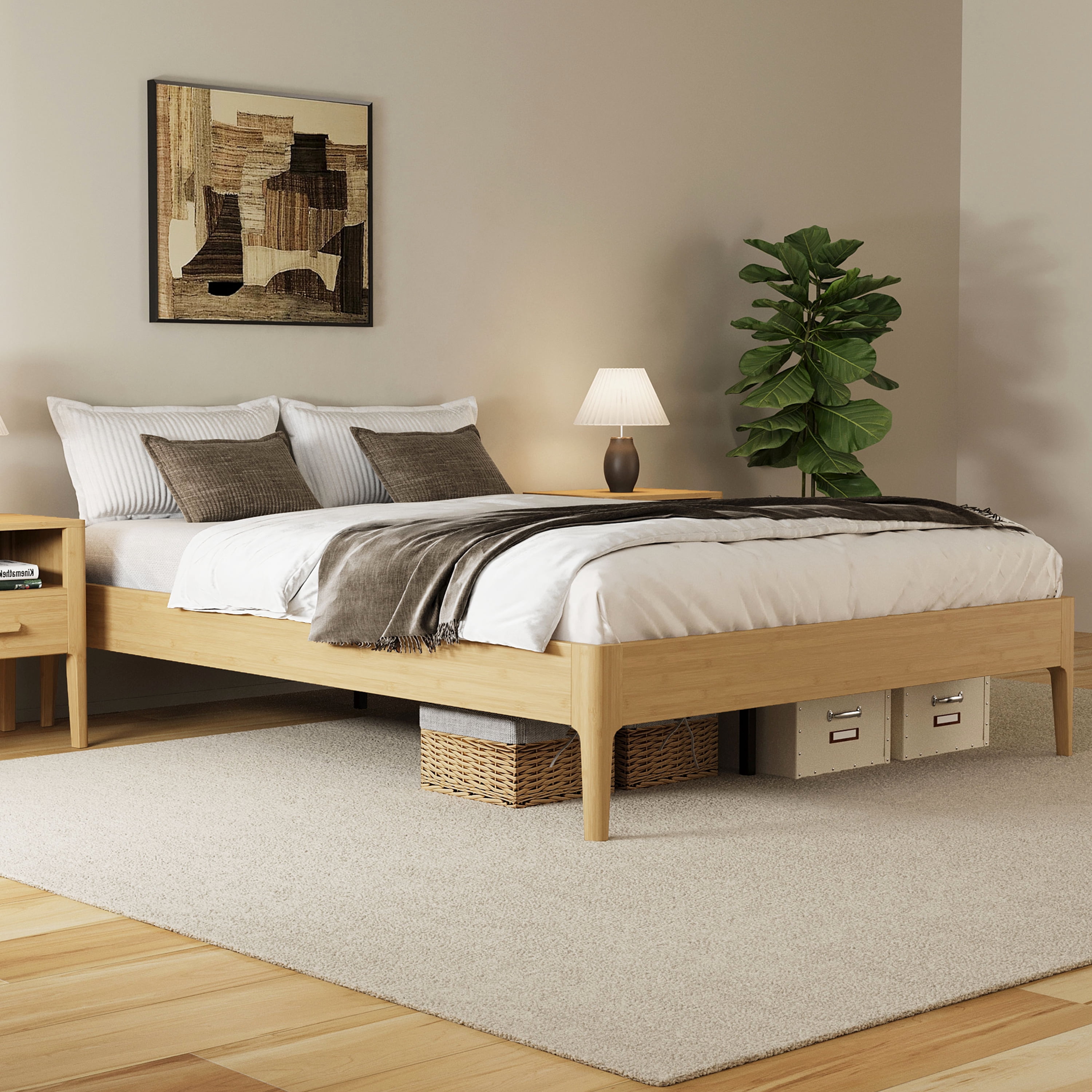 Euroco Bamboo Wood Platform Bed, Full Size Minimalist Style Bed, Natural