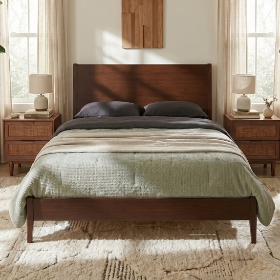 Euroco Bamboo Wood Platform Bed, Mid-Century Queen Size Bed, Chocolate