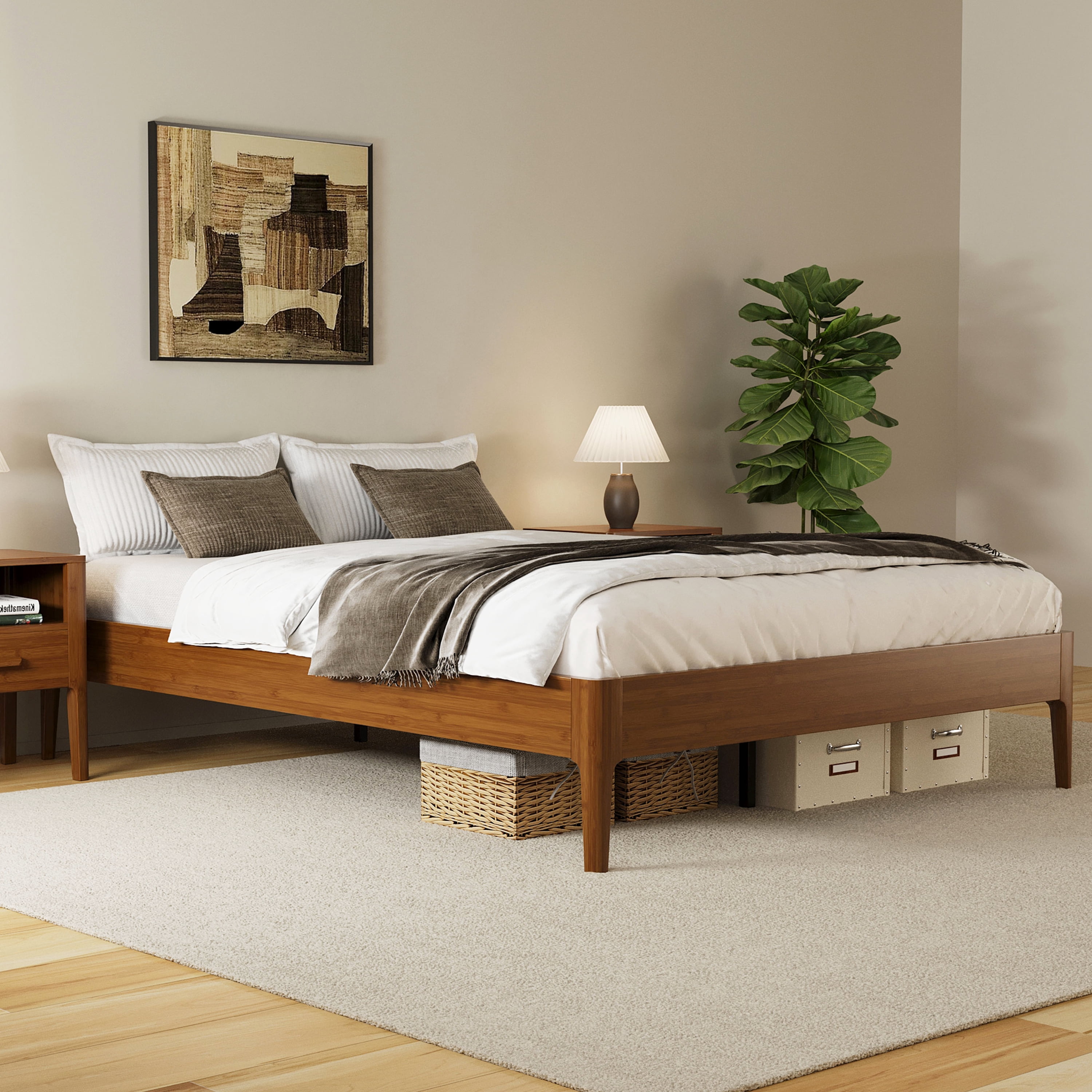 Euroco Bamboo Wood Platform Bed, Queen Size Minimalist Style Bed, Brown