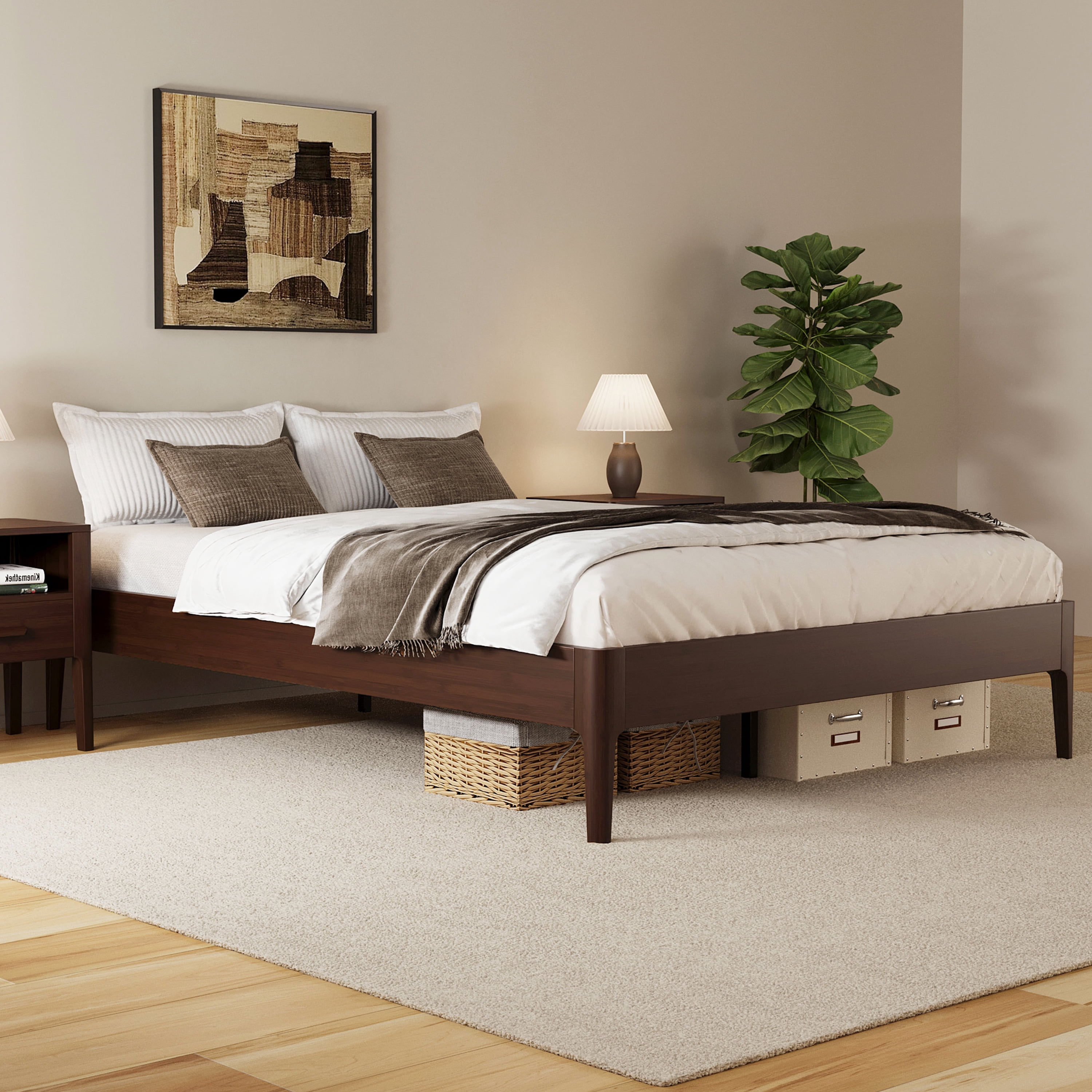 Euroco Bamboo Wood Platform Bed, Queen Size Minimalist Style Bed, Chocolate