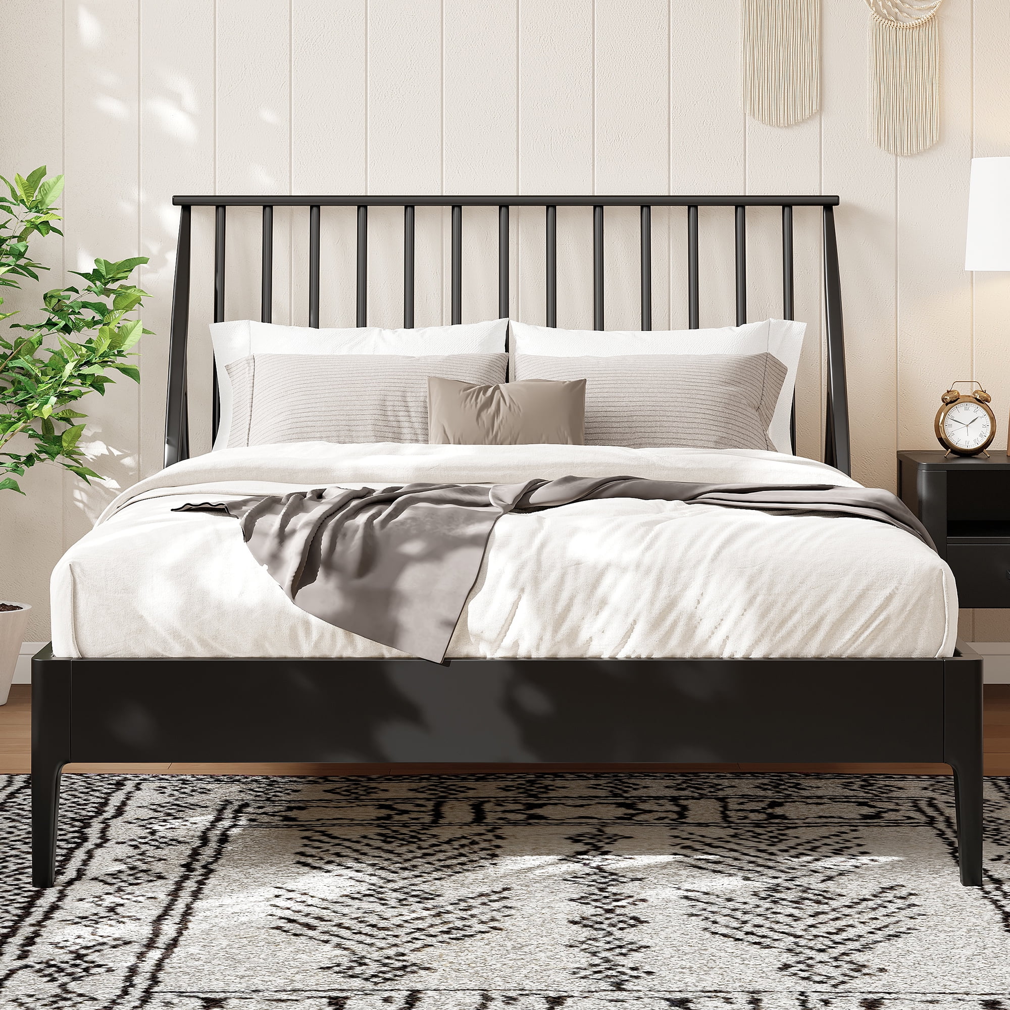 Euroco Bamboo Wood Spindle King Size Platform Bed with Tall Headboard, Bohemian Bed Frame with Wooden Slats and Metal Support, Mid-Century Modern Style, Black