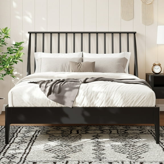 Euroco Bamboo Wood Spindle Queen Size Platform Bed with Tall Headboard, Bohemian Bed Frame with Wooden Slats and Metal Support, Mid-Century Modern Style, Black