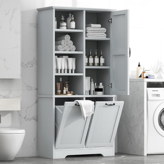 Euroco Bathroom Storage Cabinet with Doors and Drawers, Tilt-Out Laundry Hamper, Multiple Storage Space, Freestanding Style, Open Shelve, Adjustable Shelf, Gray