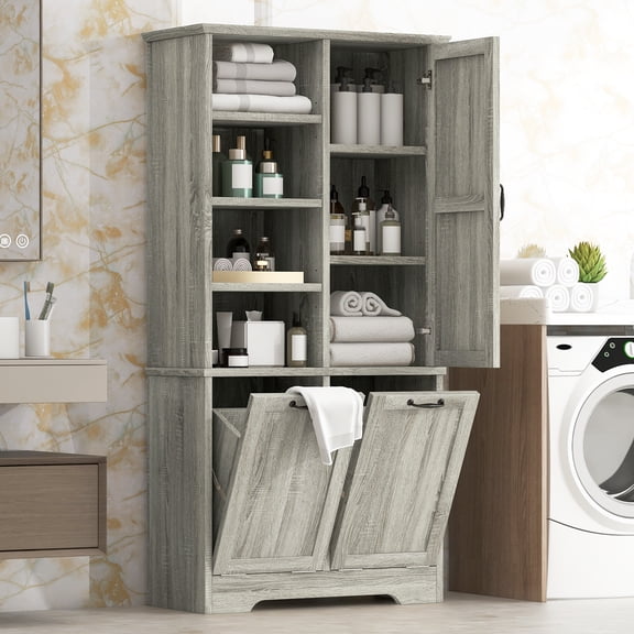 Euroco Bathroom Storage Cabinet with Doors and Drawers, Tilt-Out Laundry Hamper, Multiple Storage Space, Freestanding Style, Open Shelve, Adjustable Shelf, Oak