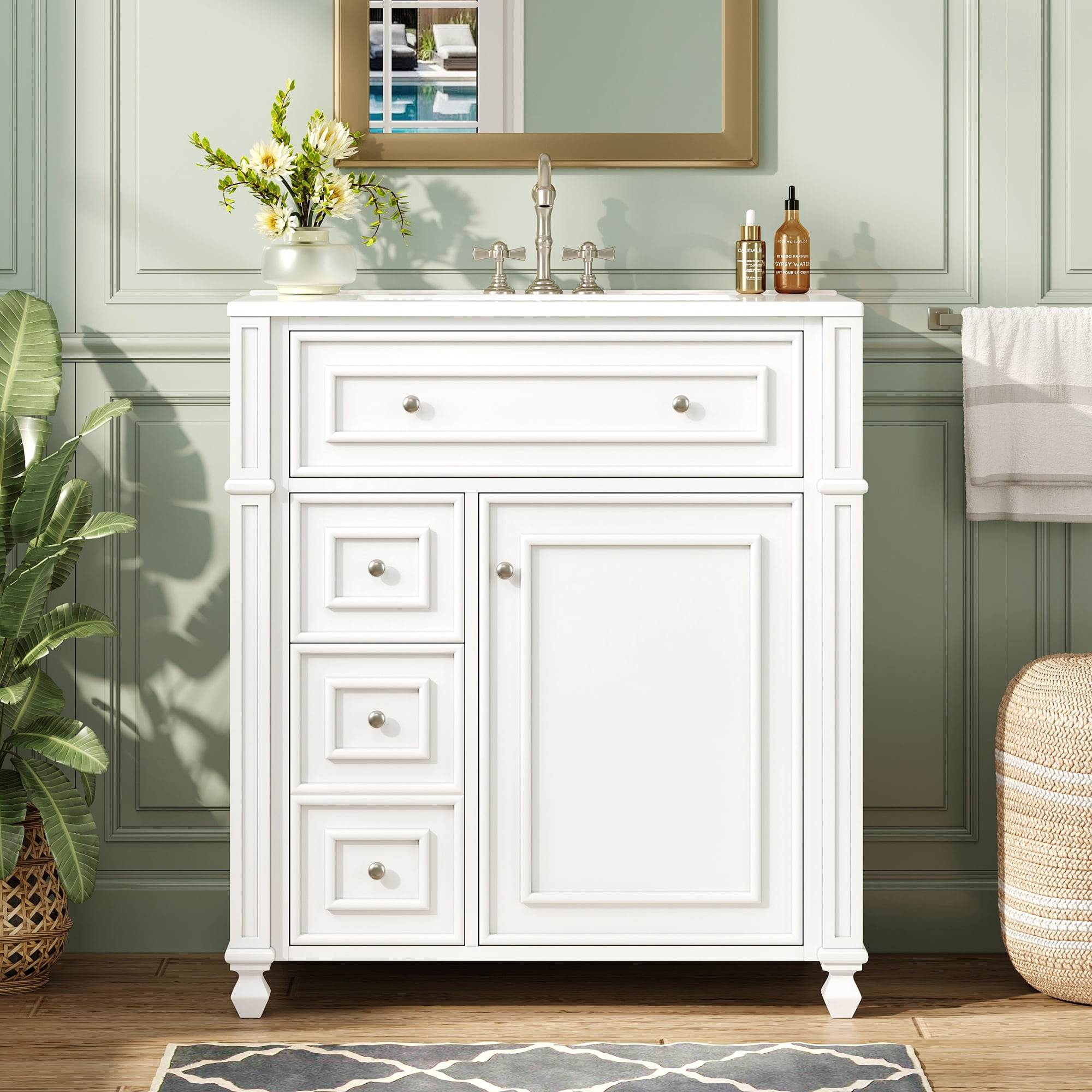 Euroco Bathroom Vanity Cabinet with Ceramic Sink Basin, 30 Inch, Storage Cabinet with Soft Close Doors and Door Organizer