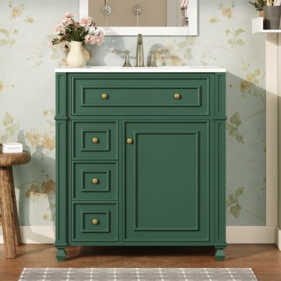 Euroco Bathroom Vanity Cabinet with Ceramic Sink Basin, 30 Inch, Storage Cabinet with Soft Close Doors and Door Organizer