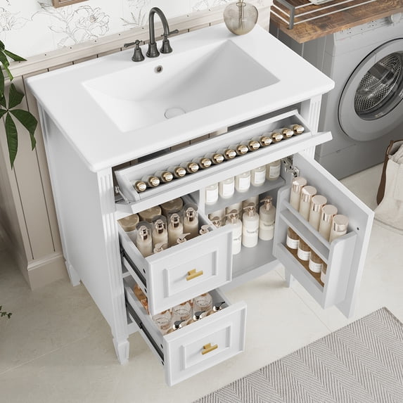 Euroco Bathroom Vanity with Ceramic Sink, Flip Drawer & Ample Storage, Solid Wood Frame with Soft-Close Drawers, 4" Widespread Faucet Compatible