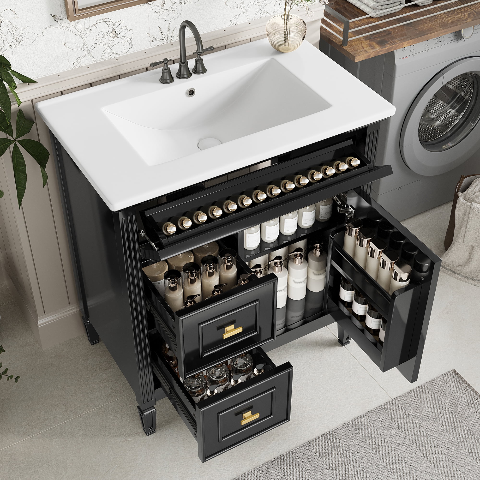 Euroco Bathroom Vanity with Ceramic Sink, Flip Drawer & Ample Storage, Solid Wood Frame with Soft-Close Drawers, 4" Widespread Faucet Compatible